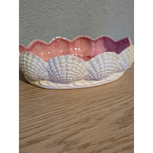 Vintage Ceramic Clamshell Bowl Planter Dish Coastal Pink Nautical Retro Shell - Picture 1 of 9